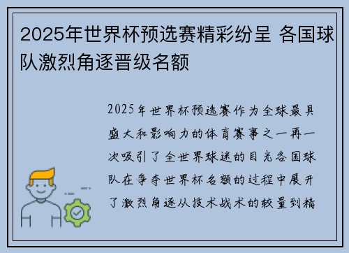 2025年世界杯预选赛精彩纷呈 各国球队激烈角逐晋级名额
