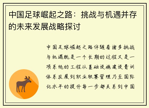中国足球崛起之路：挑战与机遇并存的未来发展战略探讨