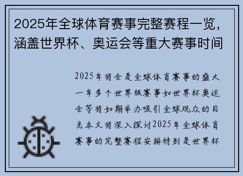 2025年全球体育赛事完整赛程一览，涵盖世界杯、奥运会等重大赛事时间安排