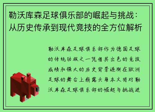 勒沃库森足球俱乐部的崛起与挑战：从历史传承到现代竞技的全方位解析