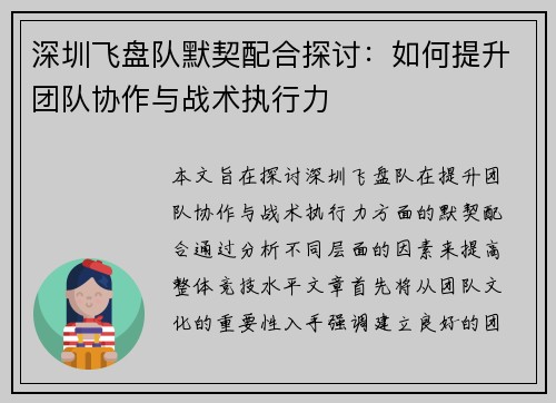 深圳飞盘队默契配合探讨：如何提升团队协作与战术执行力
